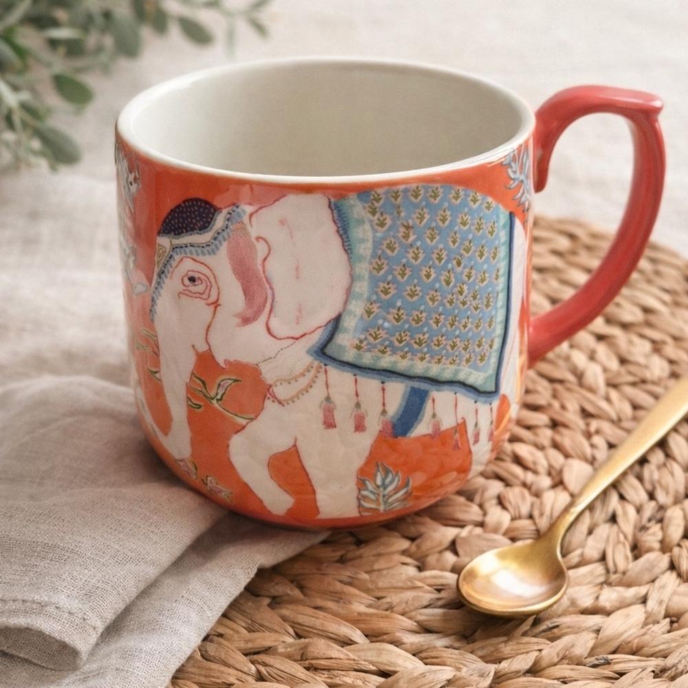 Anthropologie Paige Gemmel Elephant Mug Coral Floral Boho Ceramic Cup